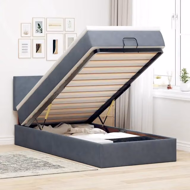 Letto con contenitore a sollevamento vidaXL in velluto grigio e bianco con materasso L: 90 cm, P: 200 cm, H: 40 cm