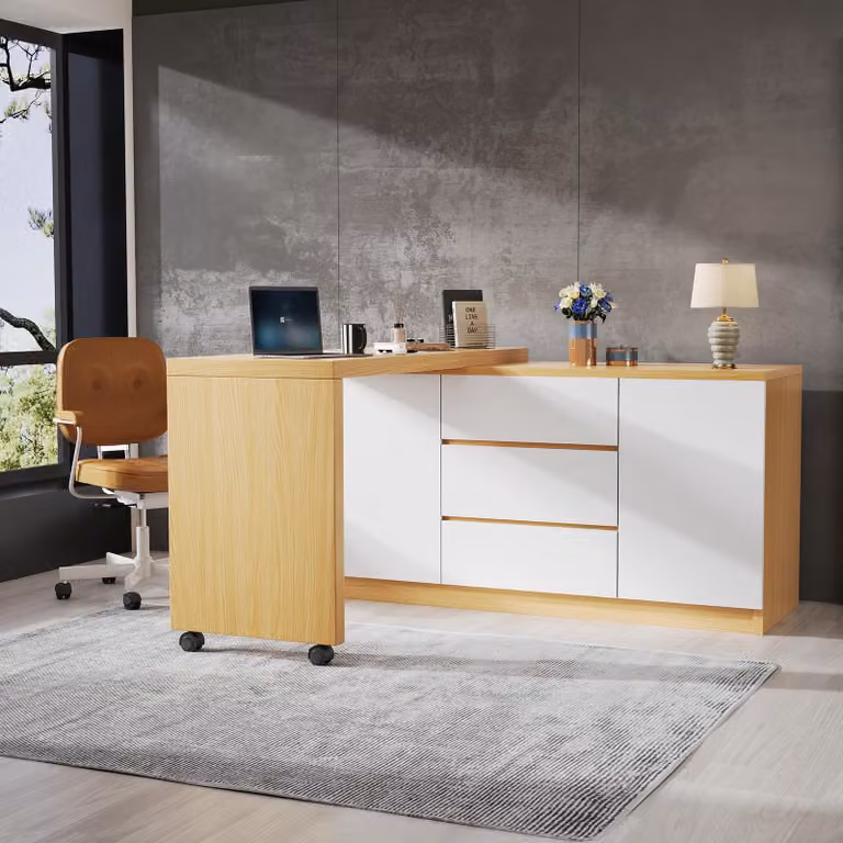 MODFU cassettiera con piano girevole, credenza multifunzionale, mobile laterale, scrivania con rotelle, mobile buffet con 2 ante e 3 cassetti