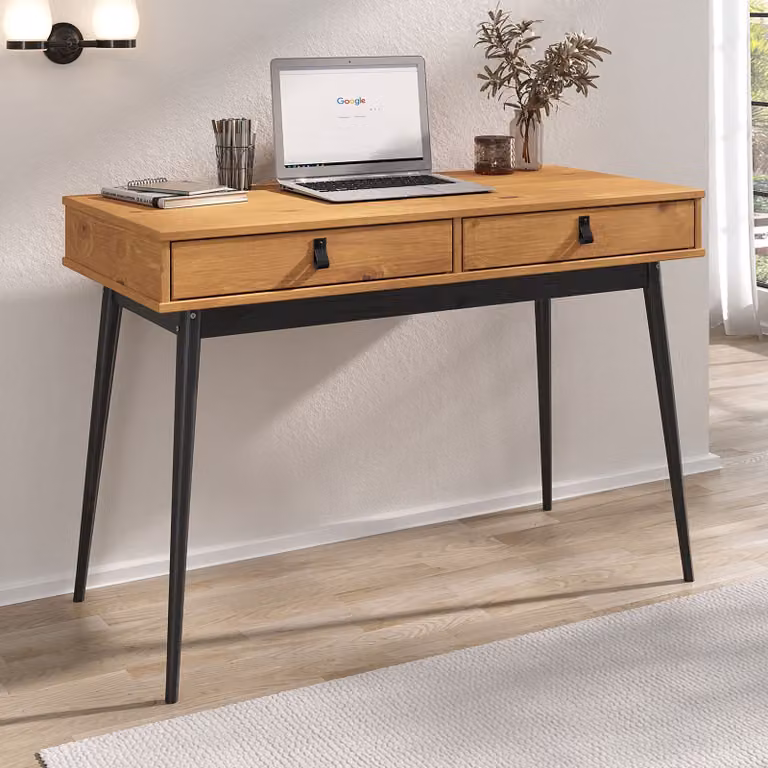 Scrivania WANDA con 2 cassetti in legno massello di rovere colorato / nero - Scrivania da ufficio con gambe coniche, scrivania per l'home office, mobili da ufficio con spazio contenitivo