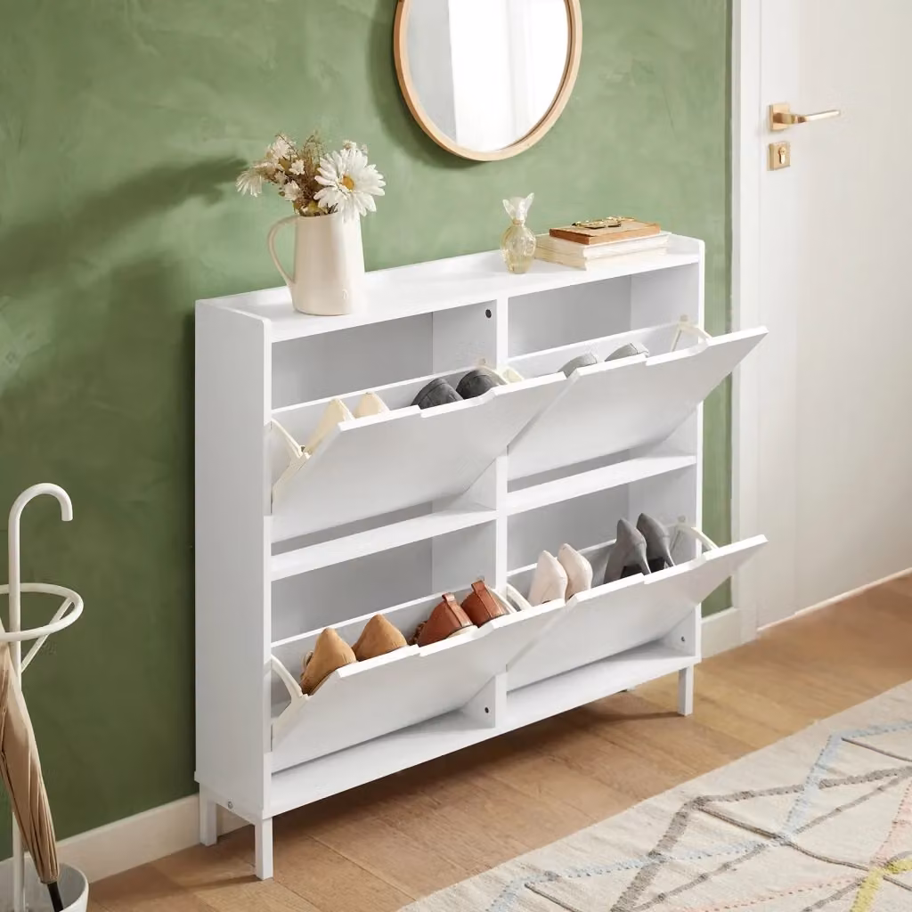 Scarpiera da ingresso moderna SoBuy bianca con ante a ribalta e ripiani interni L/P/H: 100 x 19 x 91 cm – 2