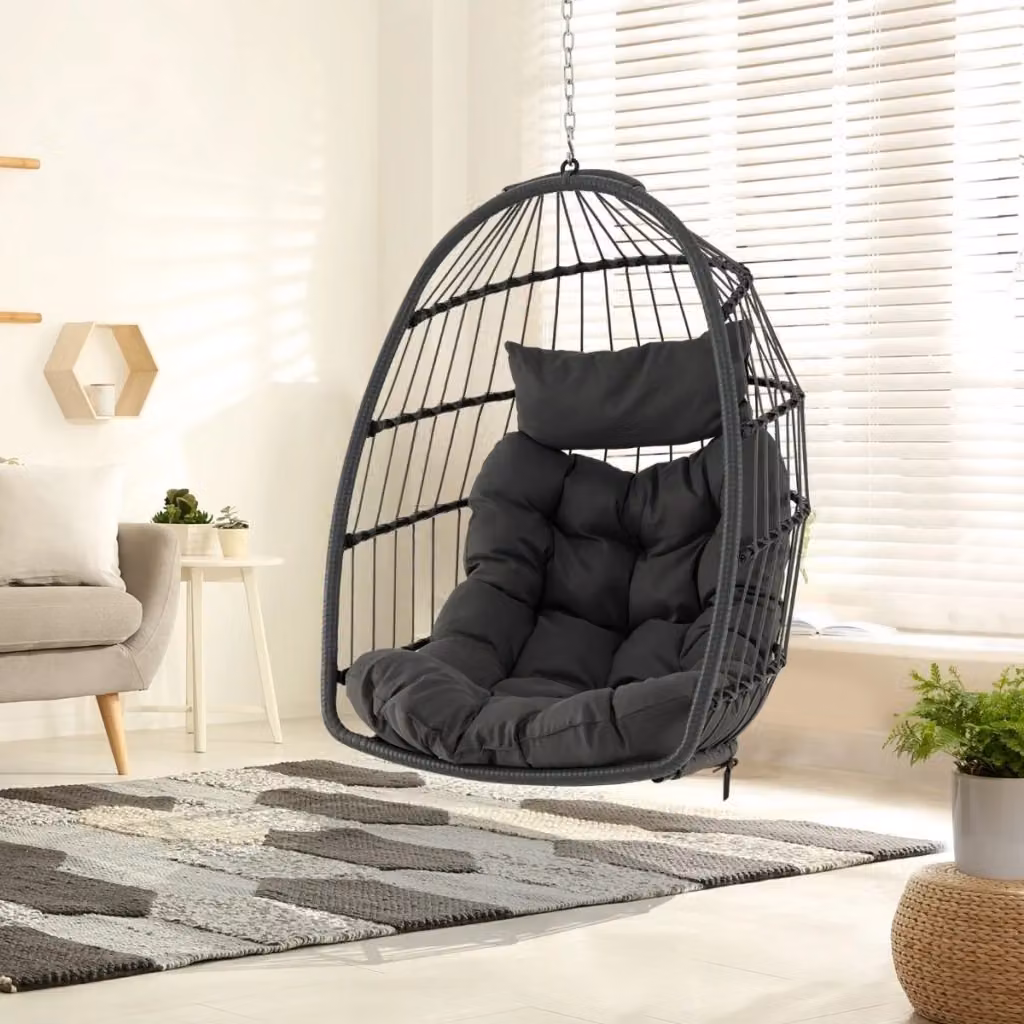 Supporto per sedia sospesa a uovo in metallo con sedia in vimini e cuscino, struttura girevole a 360 gradi per giardino e terrazzo, nero e grigio – 2