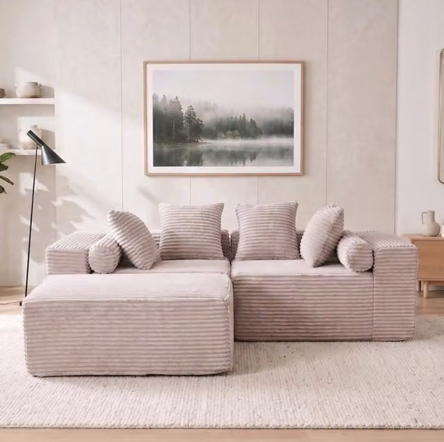 Divano modulare componibile a L con chaise longue; senza montaggio; in schiuma e molle; beige