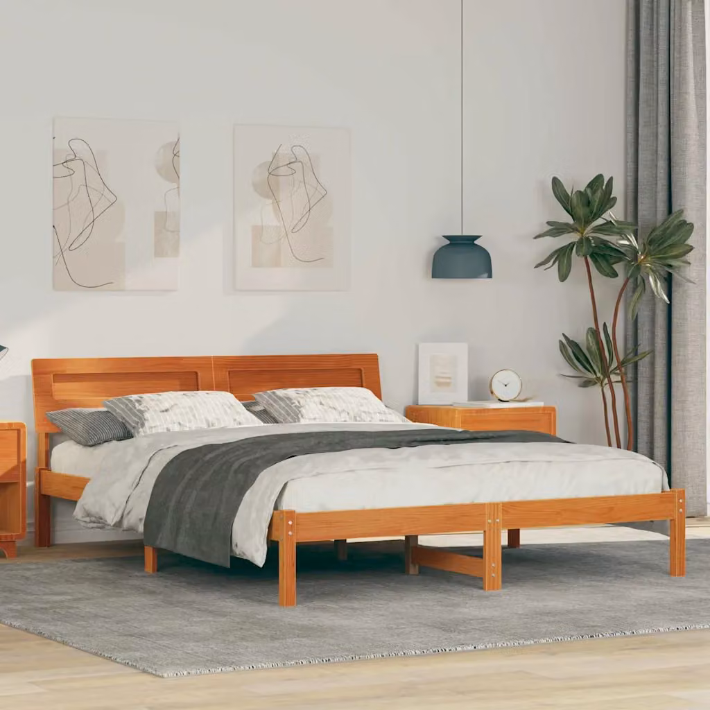 Struttura del letto moderna vidaXL in pino massello marrone cerato con porta USB, L/P/H: 160 x 200 x 73 cm – 1