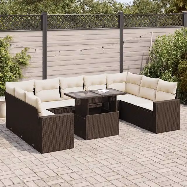 Set Divani da Giardino 10pz con Cuscini in Polyrattan Marrone 3326384