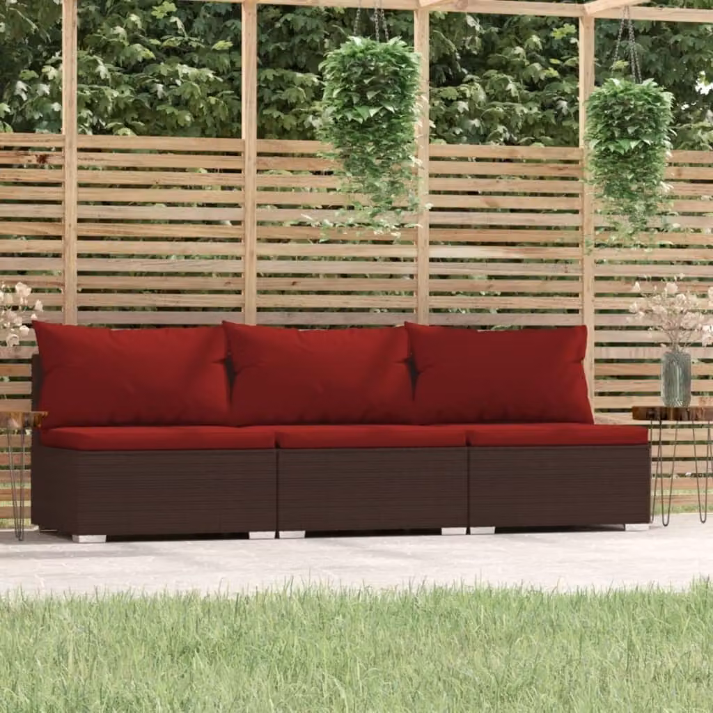 The Living Store Divano a 3 posti con cuscini in poly rattan marrone