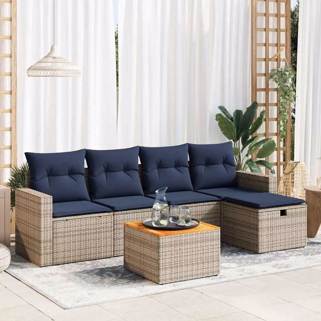 Set Divano da Giardino a L vidaXL in Polyrattan con Cuscini e Tavolino, 6 Pezzi, Grigio