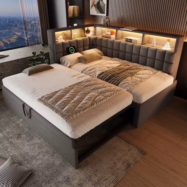 Letto imbottito in lino 90x200 cm con letto estraibile 90x190 cm, LED, altoparlante Bluetooth, ricarica USB e Type-C, testiera a L con ripiani, grigio, senza materasso