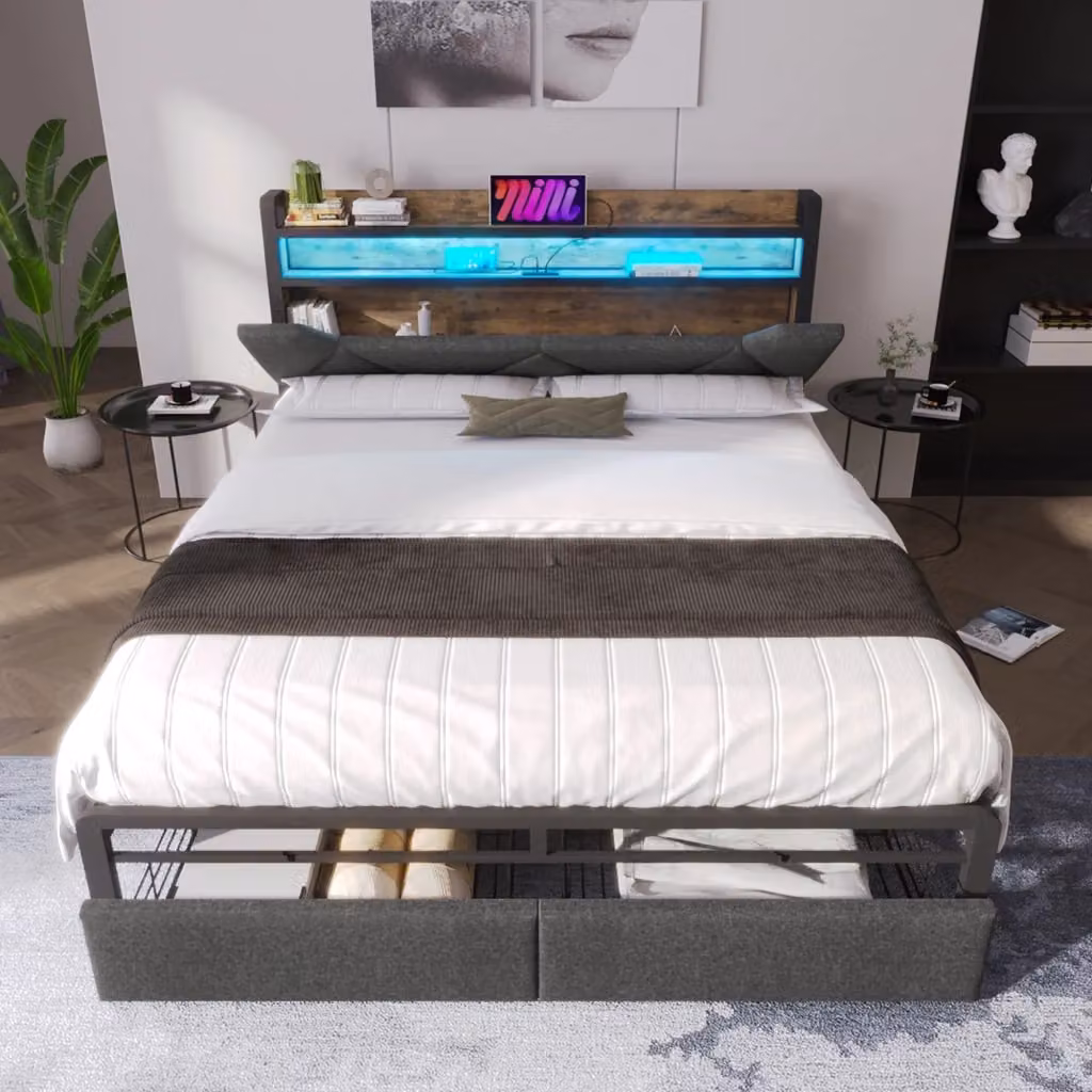 Letto matrimoniale WISHDOR in tessuto grigio con testiera contenitore, illuminazione LED, porta USB-C, cassetti e rete metallica, L/P/H: 160 x 200 x 110 cm – 2