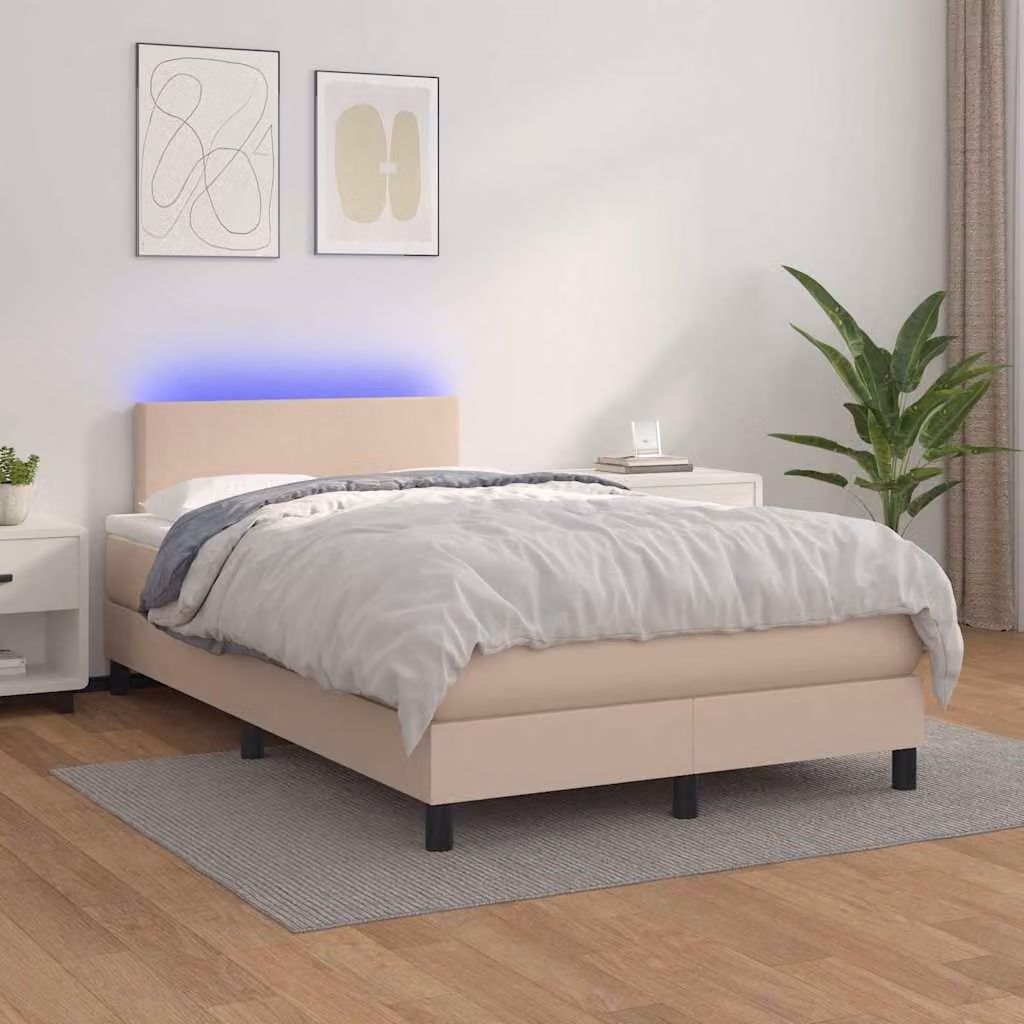 Letto con giroletto a molle, materasso ibrido e illuminazione LED vidaXL, colore cappuccino, L/P/H: 120 x 200 x 203 cm – 1