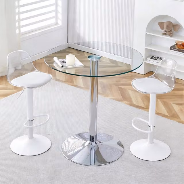 Set Bar con Tavolo in Vetro da 89 cm e 2 Sgabelli regolabili e girevoli con Gambe Bianche