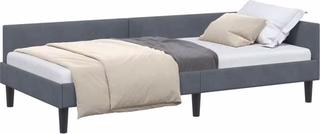 Letto singolo moderno in velluto grigio con struttura in legno e doghe fisse L/P: 90 x 190 cm