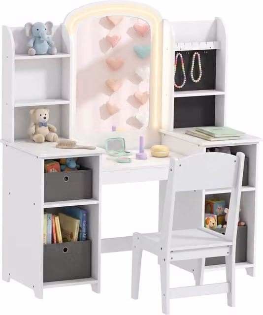 Toeletta per Bambini con Specchio LED e Sgabello, Tavolo da Trucco 104 x 40 x 112 cm, Bianco, per Cameretta