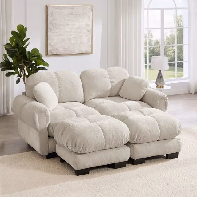 Divano modulare 190.0x149.0x90.0 cm con pouf mobili e configurazione a U o a L in ciniglia kaki chiaro