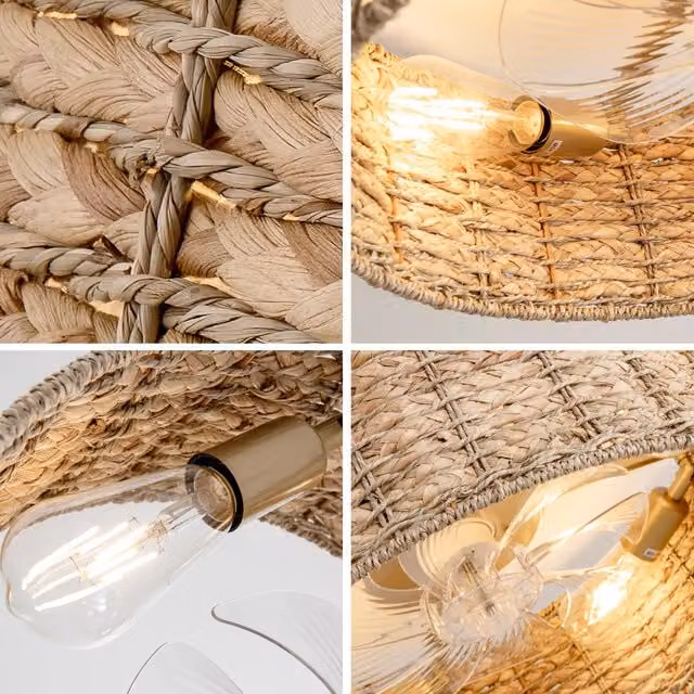 Ventilatore da soffitto con luce Minimal in rattan naturale e beige, controllo tramite app e telecomando, 6 velocità reversibili, ali in ABS silenzioso, stile boho