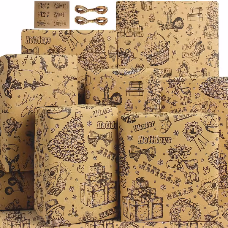 Set di carta da regalo marrone e nero, stile vintage, composto da 6 fogli di carta kraft da 50x70 cm, con etichette e spago di iuta