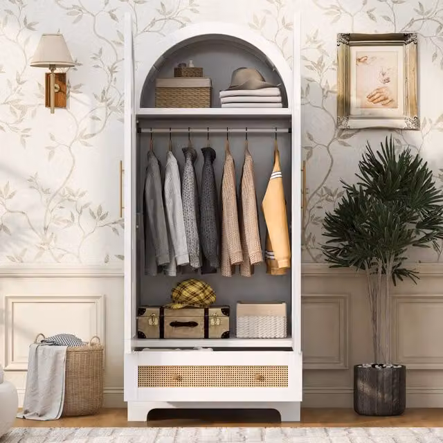 Armadio Guardaroba Bianco 70×55×170 cm con 2 Ante Effetto Rattan; Cassetti e Ripiani Interni