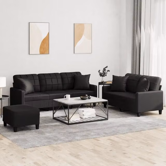 Set di divani moderno vidaXL in similpelle nera composto da divano a 3 posti, divano a 2 posti e pouf con cuscini inclusi – 1
