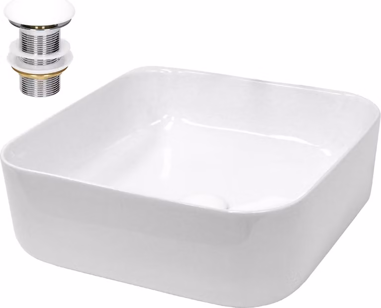 LuxeBath Lavabo Lavabo da appoggio Square, 39x39x14 cm, bianco, in Vetroceramica, incl. set di scarico senza troppopieno