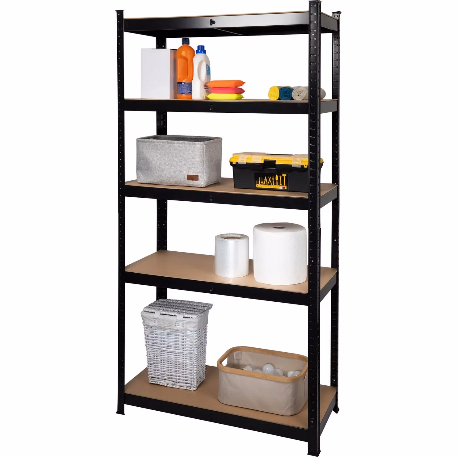 Scaffale Multiuso VESTIAMO CASA in Metallo e MDF Nero con 5 Ripiani, Stile Industrial, H 180 x L 90 x P 40 cm