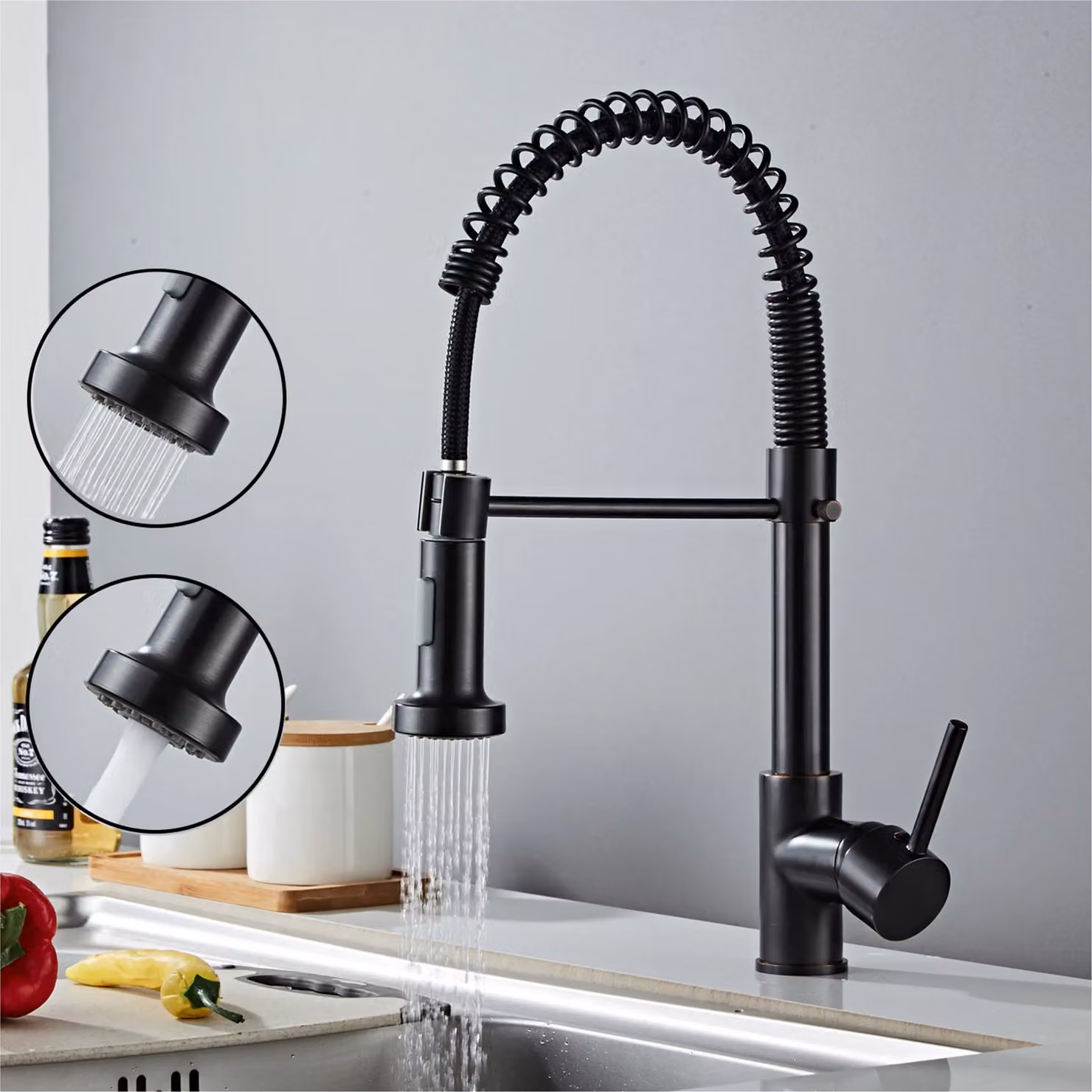 Rubinetto da cucina estraibile, miscelatore da cucina con molla a spirale a 360°, rubinetto da cucina, spray a due funzioni, nero,