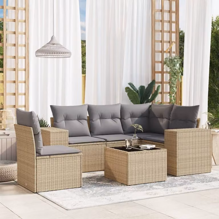 vidaXL Set Divano da Giardino a L 6 pz con Tavolino in Polyrattan e Cuscini Beige e Grigio