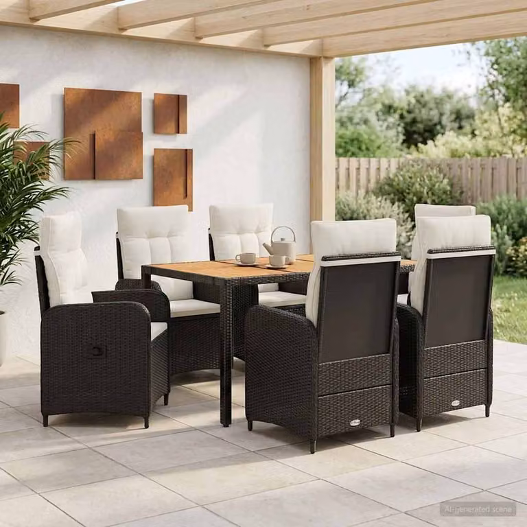 Set da pranzo per esterni vidaXL in 7 pezzi in polyrattan e legno di acacia, colore nero e bianco crema