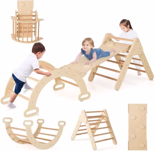 Set di 3 giocattoli da arrampicata in legno per bambini dai 1 anni in su con triangolo e arco beige per lo sviluppo motorio e cognitivo