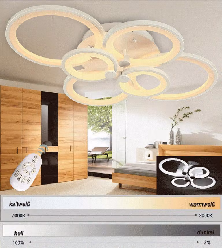Plafoniera LED 6067-6fl, 80x58x16 cm. LED 70W con telecomando. Colore e intensità della luce regolabili. Schermo in acrilico, struttura in metallo verniciata di bianco. Design A+. (6067-6, 70W). Plafoniera LED per soggiorno, lampadario, lampada a sospensi