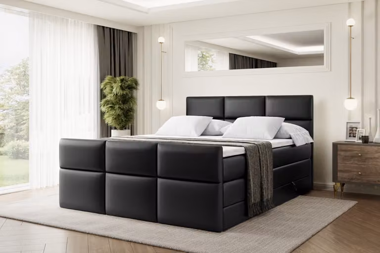 Letto boxspring ALTDECOR con pediera, 2 materassi e topper - 140x200 cm - OHIO-Z KING - Pelle finta nera - Letto imbottito con materassi H3 e H4, contenitore e rete a doghe, letto con spazio contenitivo