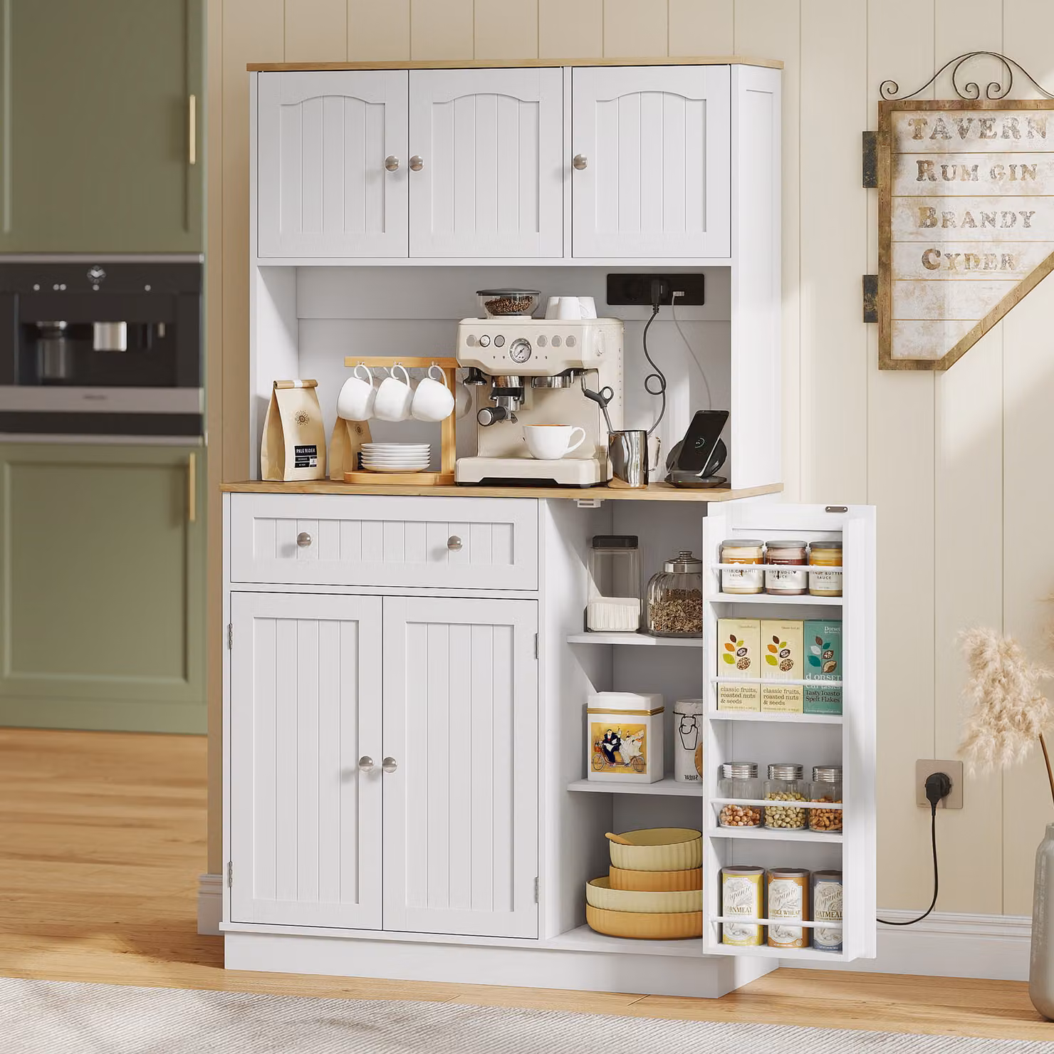 HOMCOM Credenza da Cucina Alta con Stazione di Ricarica e Piano per Microonde, Ripiani Regolabili e 4 Rastrelliere per Spezie, Bianco, Altezza: 173 cm – 2