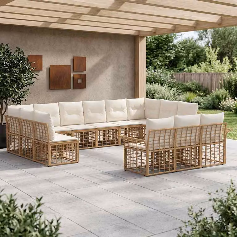 Set di divani da esterno vidaXL 13 pezzi con struttura in metallo e cuscini, colore beige e bianco crema, design a L per giardino e terrazza