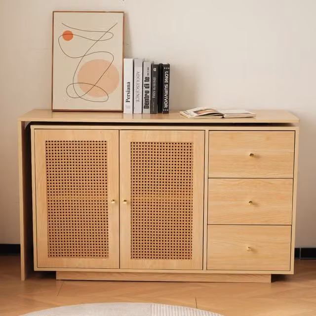Scrivania angolare a L 126 cm bianca con ante in rattan, tavolo per computer e toeletta