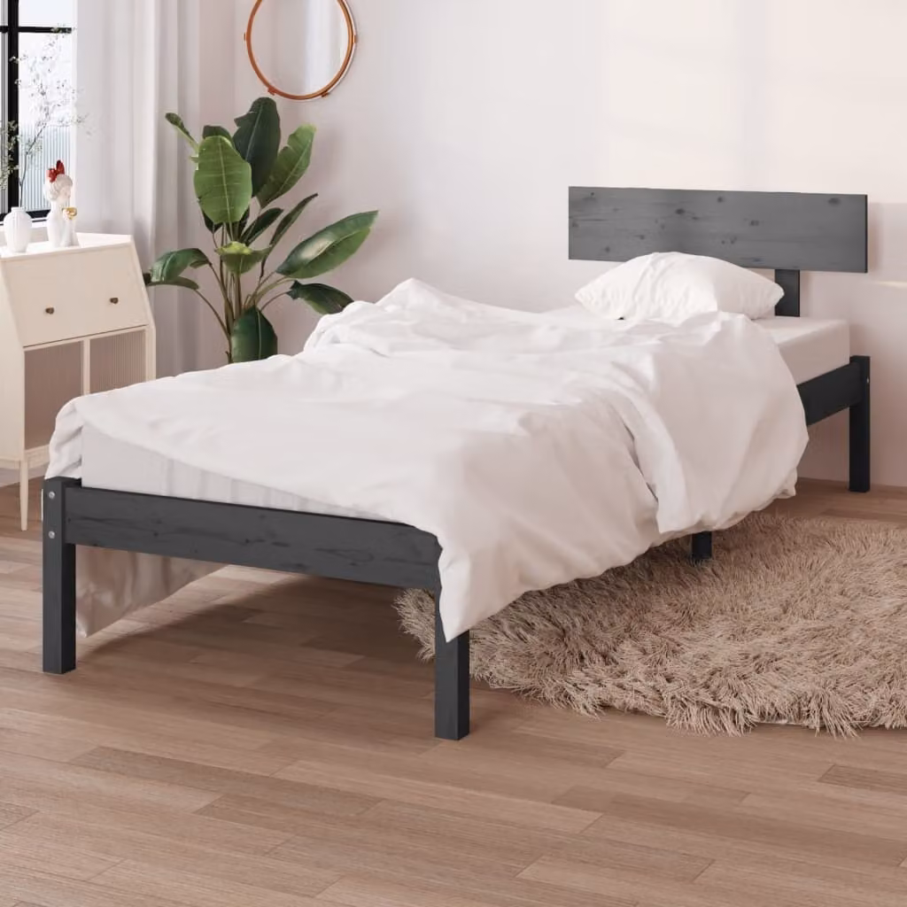 The Living Store Letto in legno massiccio di pino grigio 90x190 cm