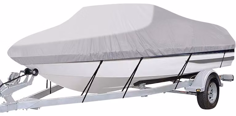Copertura impermeabile per imbarcazioni, realizzata in tessuto Oxford 600D di colore grigio, adatta a imbarcazioni con scafo a V di lunghezza compresa tra 14 e 16 piedi