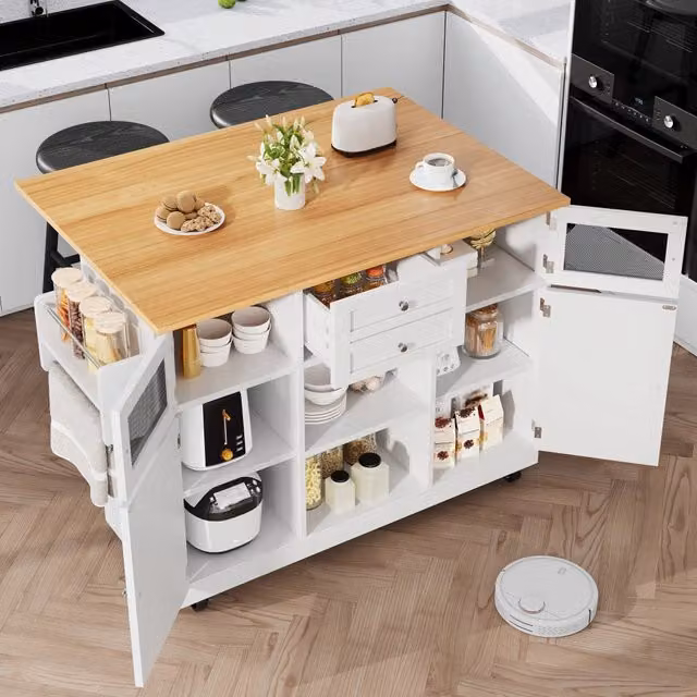Buffet da Cucina con Ruote e Piano di Lavoro ¨C MINIMAL ¨C Bianco, Legno, con Ante 3D e Ripiani Regolabili