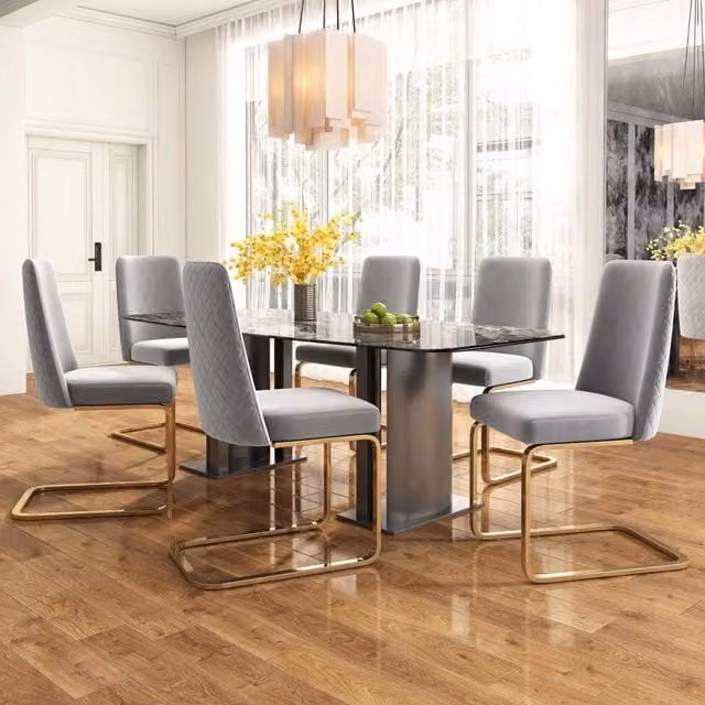 Sedie da Pranzo Set 6 Pezzi Velluto ¨C MINIMAL ¨C Grigio, Gambe Metallo Dorato, Schienale Design