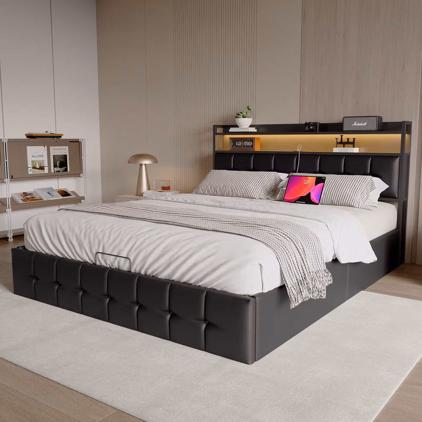 Letto imbottito CDGlobal letto matrimoniale 140x200cm, letto contenitore con testiera-USB C e vano contenitore, rete idraulica con rete metallica a doghe e giroletto, Pelle finta (nero, 140x200cm)