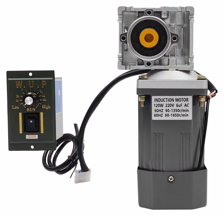Motore a riduttore a vite, 220V - Potenza: 120W - Velocità di rotazione: 1650 giri/min (regolabile) - Bobina in rame - Riduttore reversibile auto-bloccante - Con regolatore di velocità - Colore: grigio