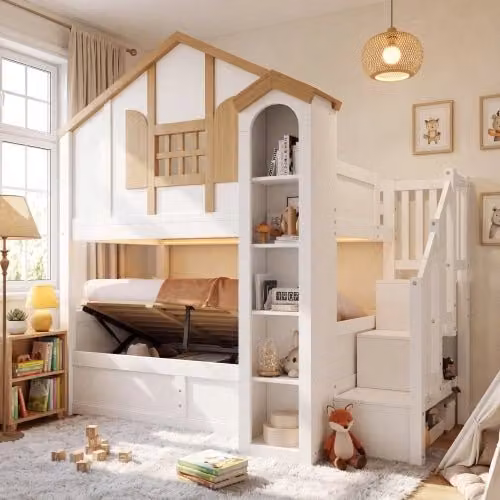 Letto a castello per bambini LEMONMAX in pino massello e MDF con contenitore idraulico, scala contenitore e illuminazione LED, bianco e beige, 90 x 200 cm