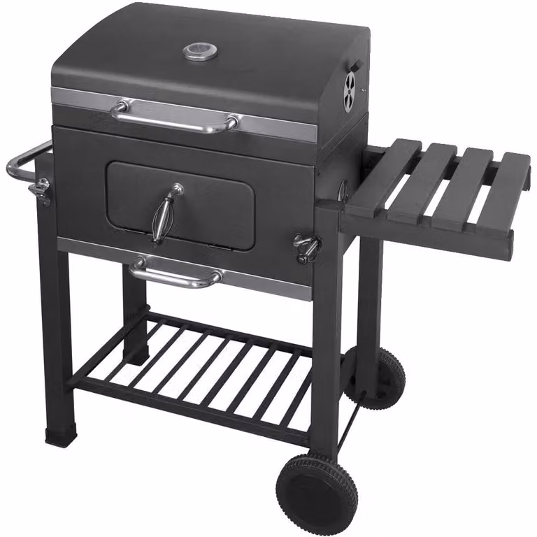 Barbecue a carbonella, dimensioni montato 110x100x46 cm, griglia in metallo 58x42 cm, griglia circolare 30,5 cm, griglia superiore 54x22 cm, vaschetta per il carbone regolabile in altezza 10-25 cm