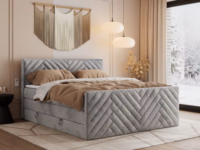 Letto boxspring MKS MEBLE 200x200 con contenitore e materasso H3 - Paris King Duo - Grigio chiaro Velvet