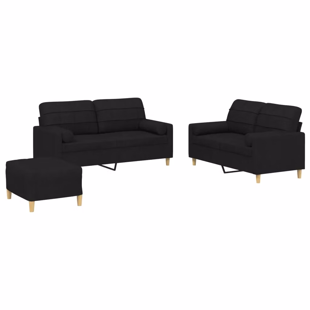 Set di Divani vidaXL 3 Pezzi con Ottoman e Cuscini in Tessuto Nero Moderno – 2