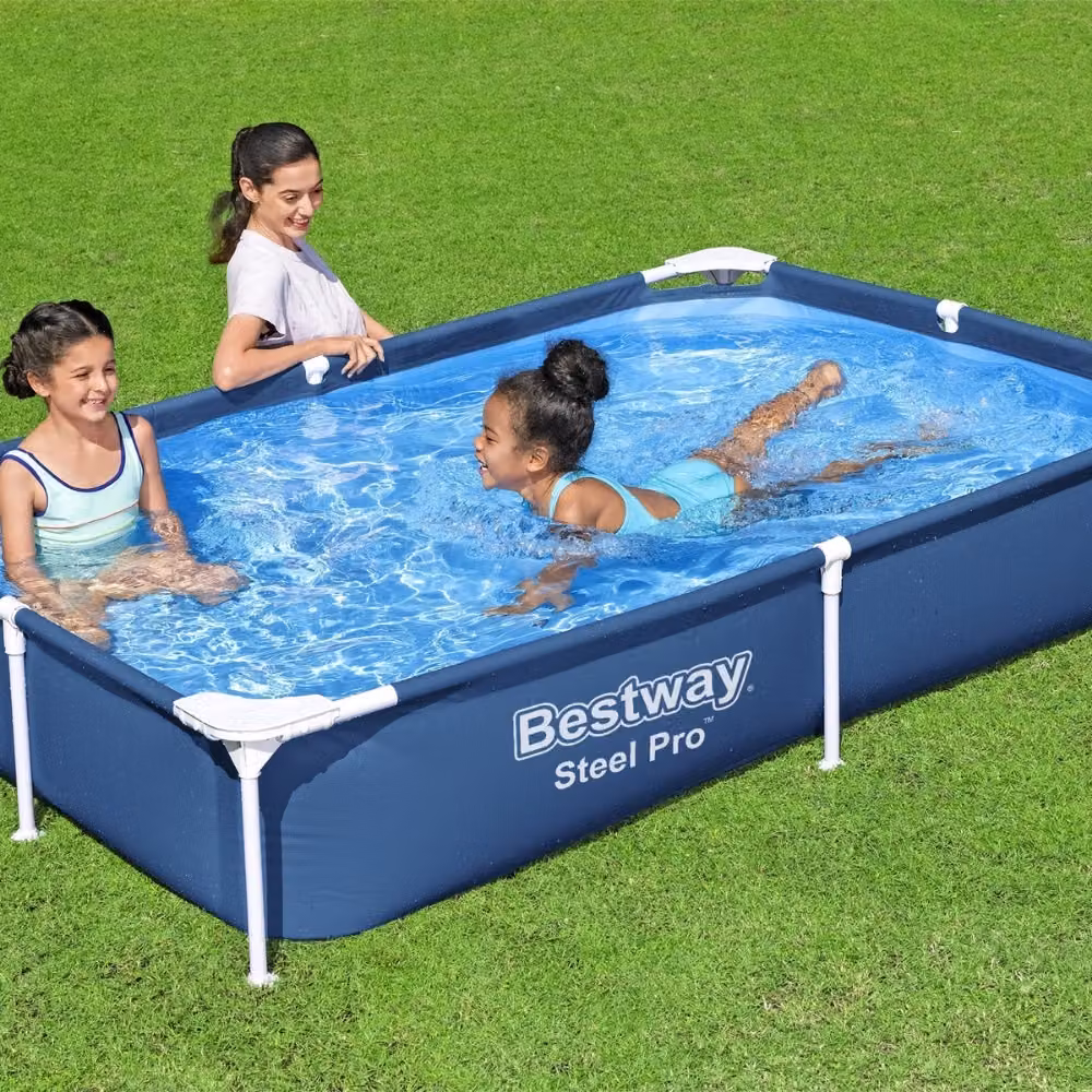 Piscina Bestway Steel Pro rettangolare - 221 x 150 x 43 cm - blu - include copertura - pacchetto manutenzione - pompa - telo di fondo