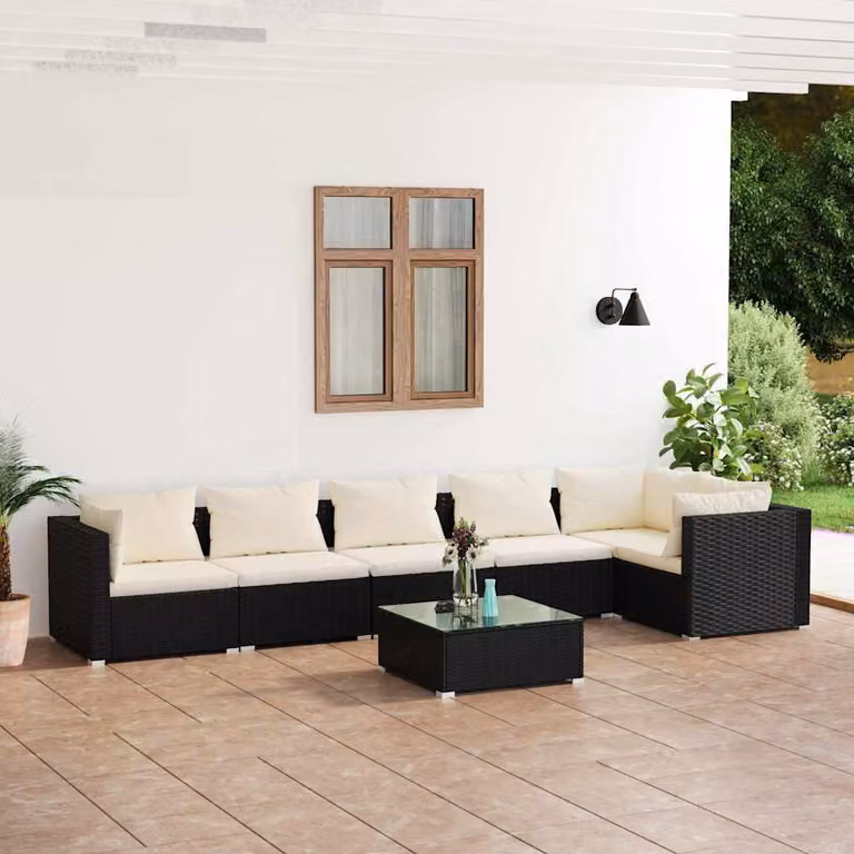 Set da giardino vidaXL composto da 7 pezzi con divani, tavolino e cuscini beige in polyrattan nero e struttura in acciaio con coperture rimovibili