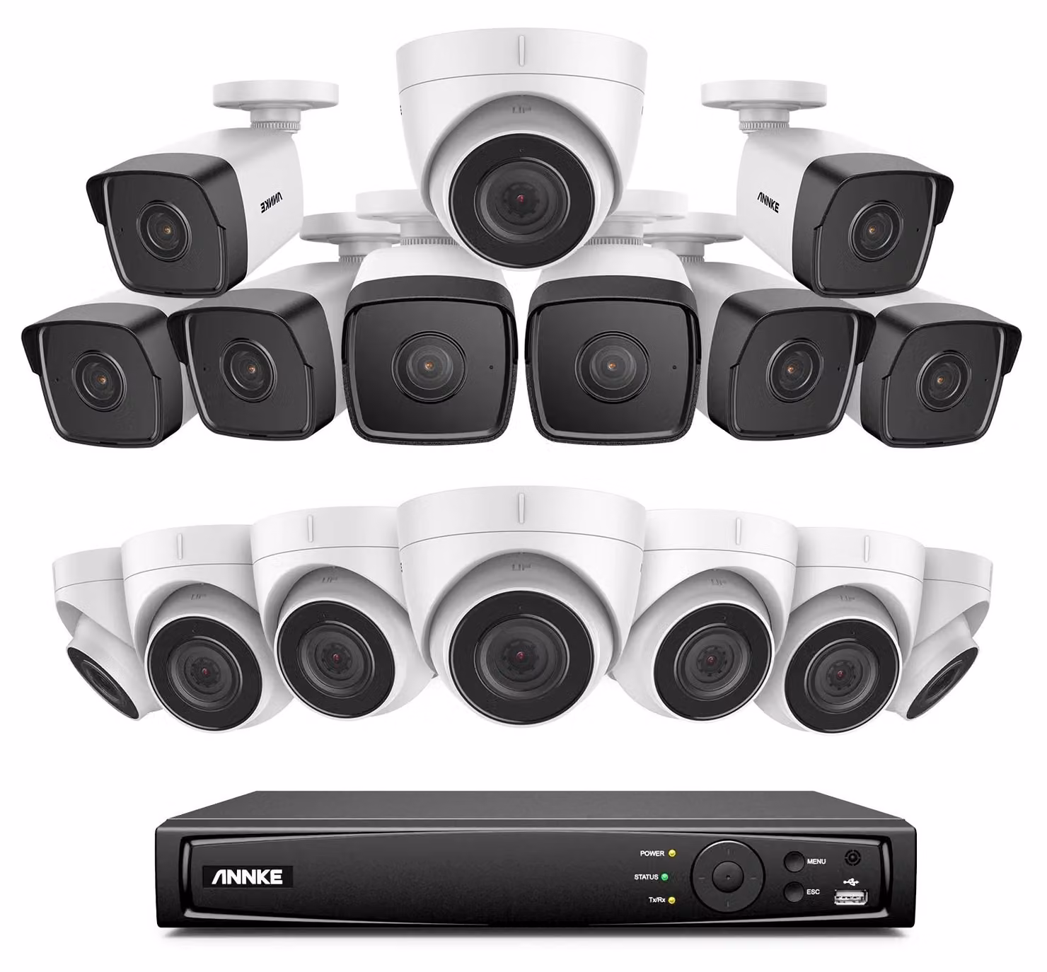 Kit di sicurezza IP CCTV a 16 canali, composto da 16 telecamere con risoluzione 5MP, un registratore NVR e visione notturna