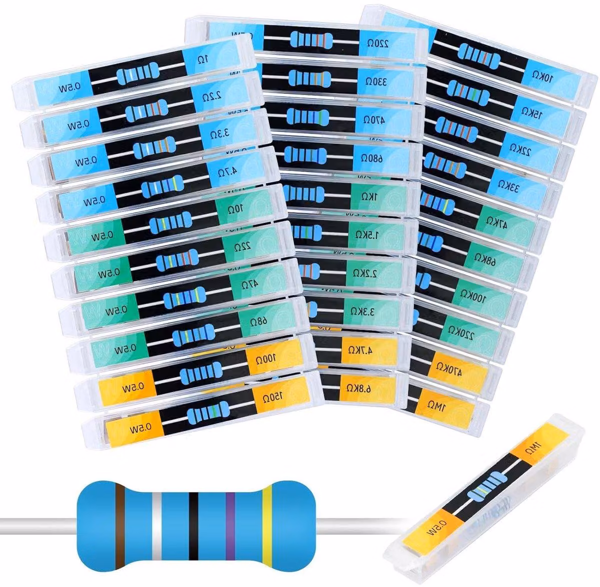 Assortimento di 600 resistenze in 30 valori, da 1 Ohm a 1 Megaohm, con tolleranza dell'1%, resistenze in metallo da 1/2 Watt, confezionate in una pratica scatola di stoccaggio