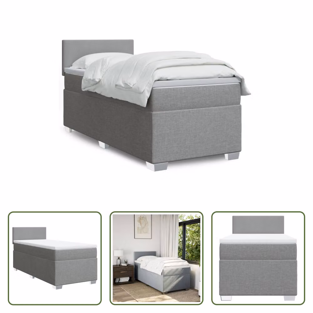 The Living Store Letto a molle con materasso grigio chiaro 90x190 cm in tessuto