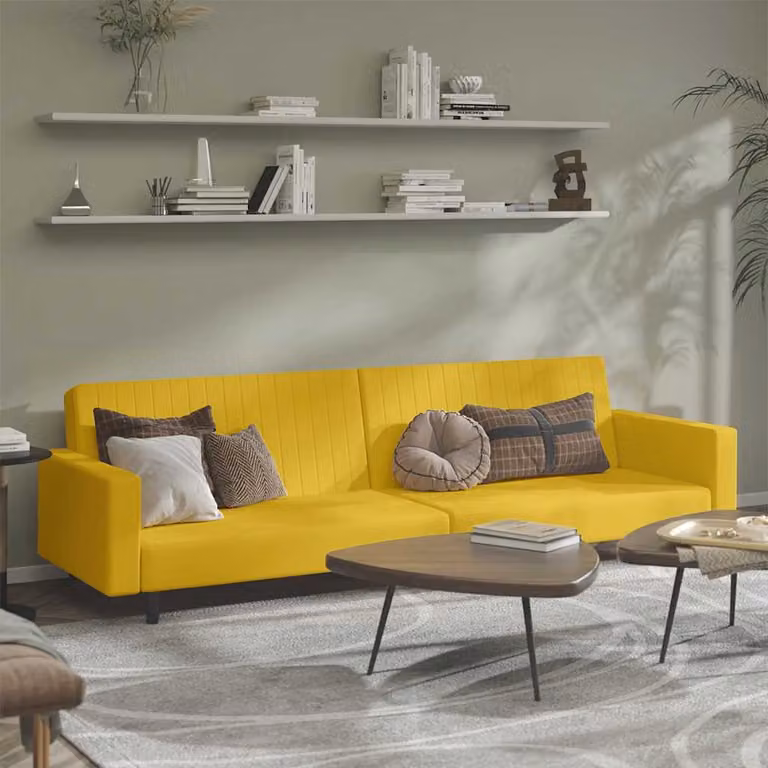 vidaXL Divano Letto Click-Clack in Velluto Giallo con Struttura in Legno Solido e Poggiatesta Regolabile