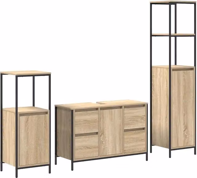 Set di mobili per il Bagno | Armadio da bagno con porta 3 pz Rovere Sonoma e Nero