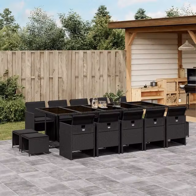 Set da Pranzo da Giardino vidaXL 15 pz in Polyrattan Nero con Cuscini e Tavolo in Vetro – 1